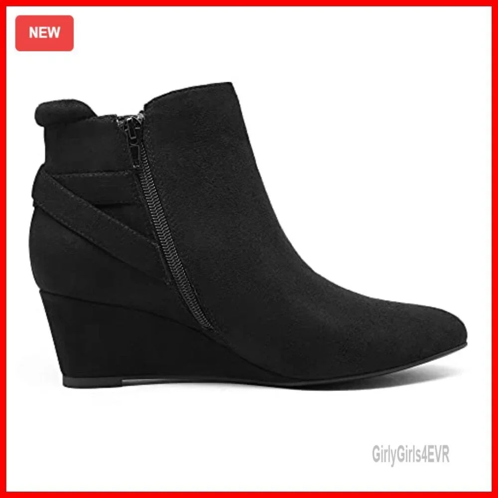 Women's Wedge Ankle Boots Low Heel Booties Buckle Strap Zipper Closure